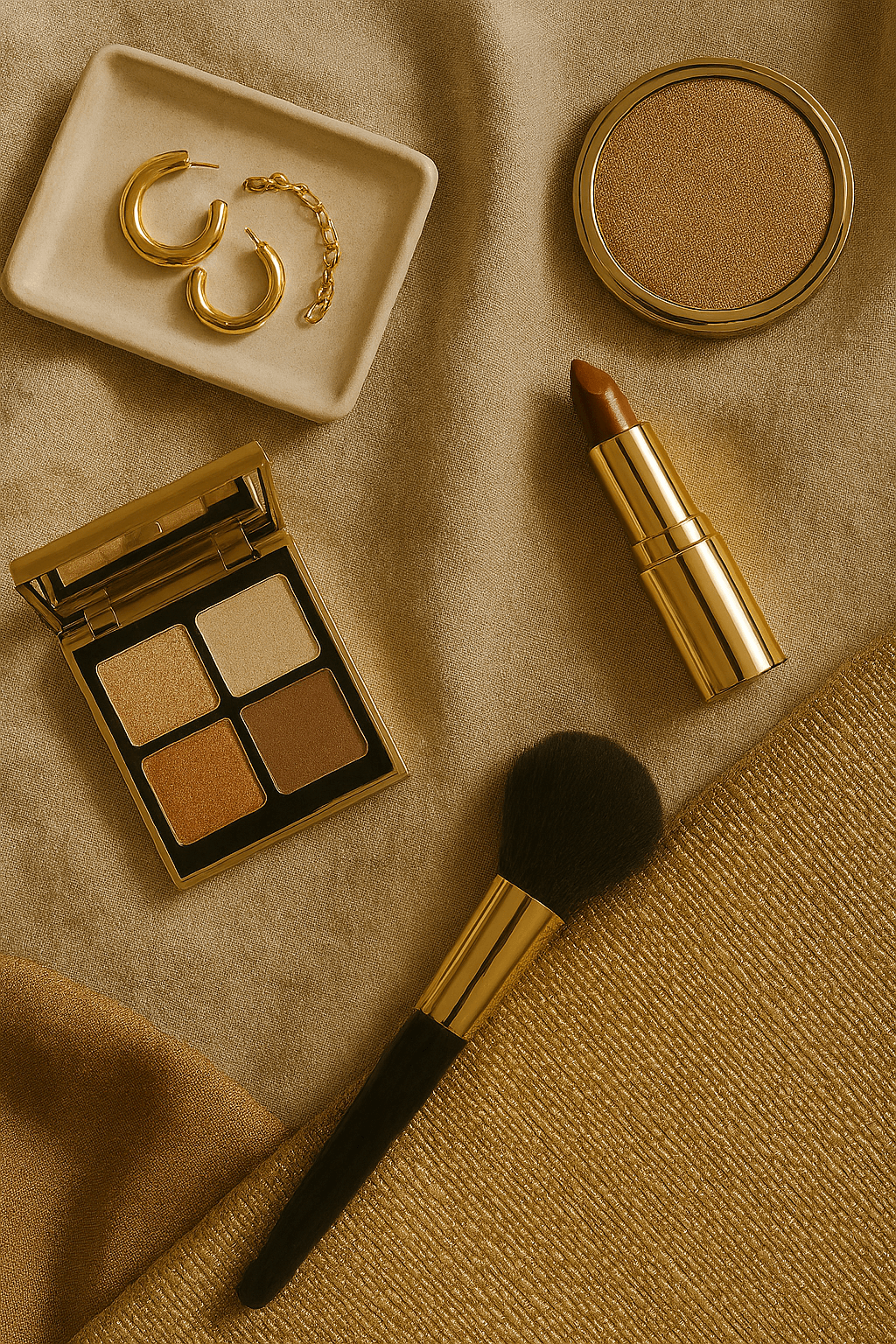 Goldschmuck und Make-up in warmen, neutralen Farbtönen.