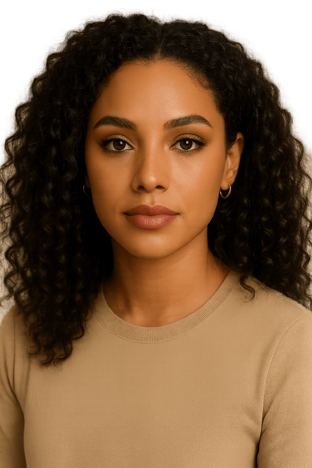 Editoriales Porträt einer Frau mit natürlichen Locken, neutraler Bluse und goldenen Creolen.