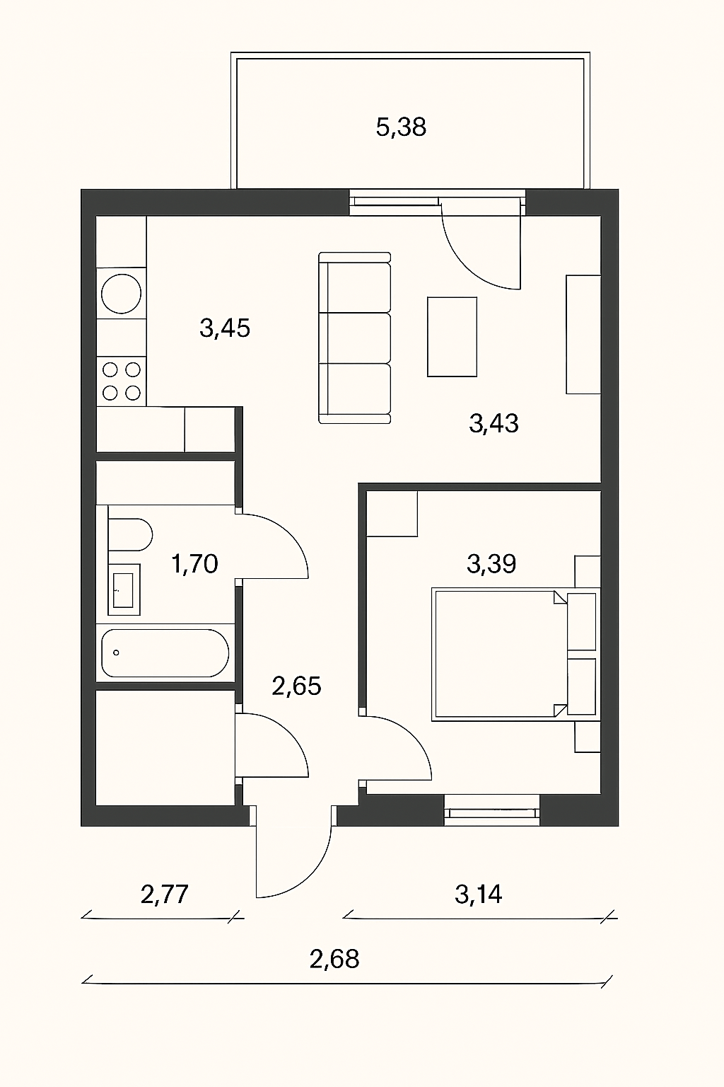 Grundriss 1-Zimmer – Vorschau